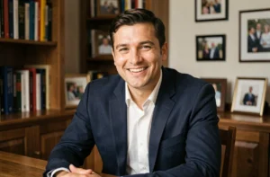 Portrait en intérieur d'un homme souriant en blazer marine, évoquant une biographie personnelle et professionnelle dans un cadre intime et chaleureux