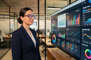 Professionnelle du marketing analysant des tendances et données sur un écran numérique dans un bureau moderne
