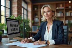 Professionnelle en blazer marine consultant des petites annonces en ligne sur un ordinateur portable dans un espace de coworking moderne