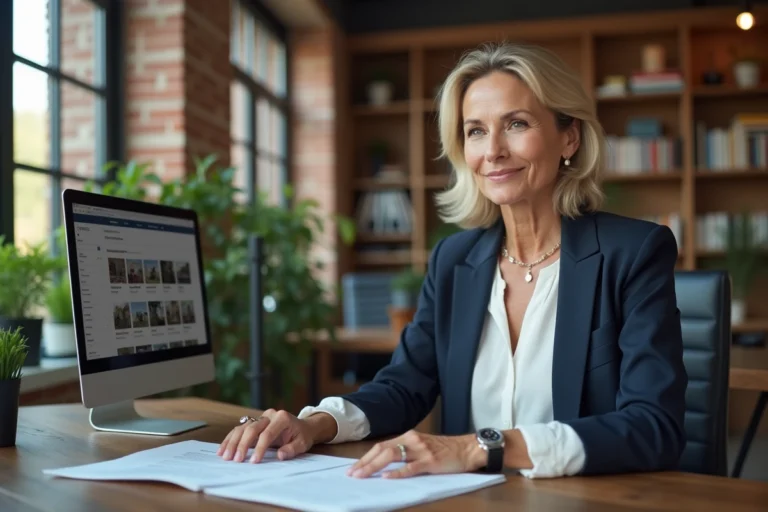 Professionnelle en blazer marine consultant des petites annonces en ligne sur un ordinateur portable dans un espace de coworking moderne
