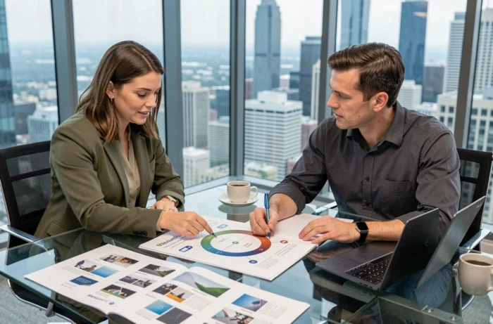 Deux professionnels discutant d'un modèle de lancement de business autour d'une table de réunion en verre