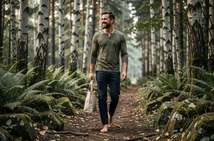 Homme marchant sereinement en forêt sur un sentier naturel pour se ressourcer et améliorer son bien-être au quotidien
