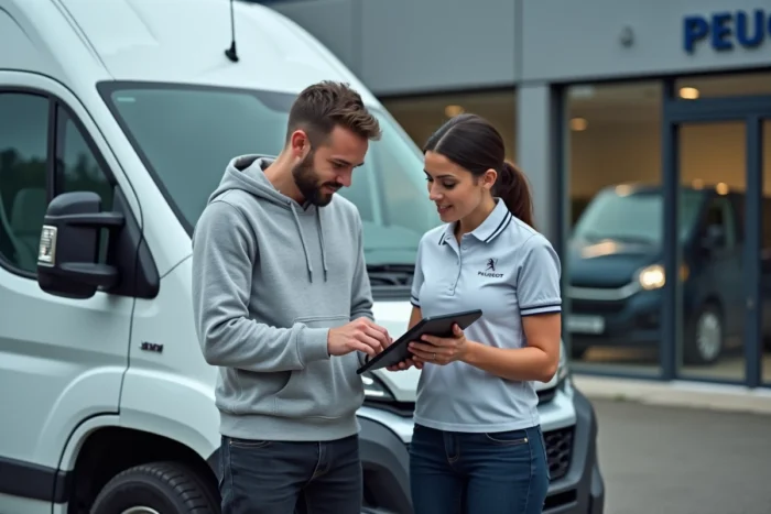 Propriétaire de Peugeot Boxer discutant de la désactivation de l'anti-démarrage avec un conseiller dans un centre agréé