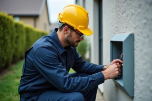Électricien Enedis inspectant un panneau de raccordement électrique extérieur sur une maison résidentielle