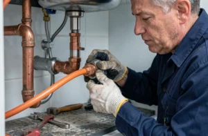 Plombier raccordant un tube PER flexible à un tuyau en cuivre sous un évier de salle de bain avec un raccord à compression