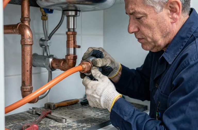 Plombier raccordant un tube PER flexible à un tuyau en cuivre sous un évier de salle de bain avec un raccord à compression