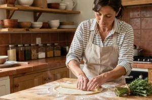 Femme préparant des pâtes fraîches maison sur un plan de travail en bois fariné dans une cuisine rustique chaleureuse