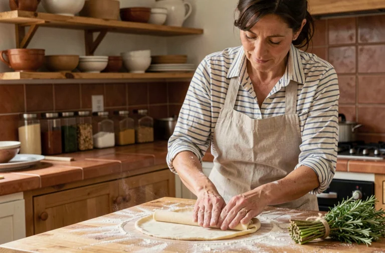 Femme préparant des pâtes fraîches maison sur un plan de travail en bois fariné dans une cuisine rustique chaleureuse