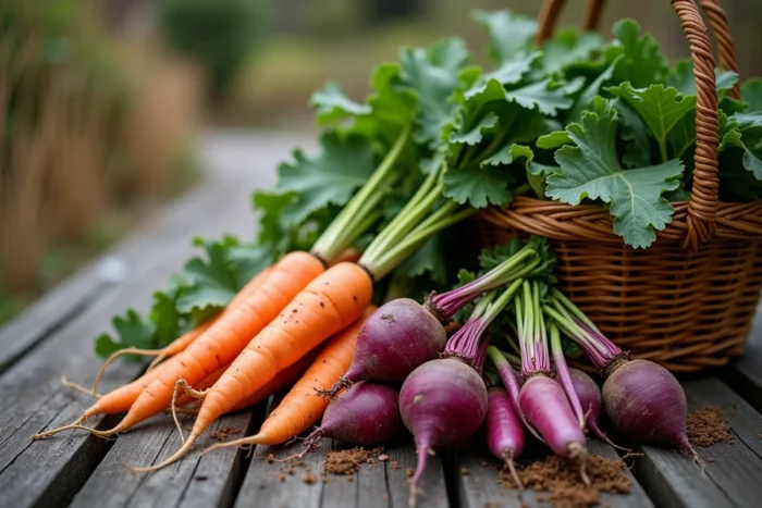 Récolte de légumes d'automne heirloom posés sur une table en bois rustique dans un potager écologique