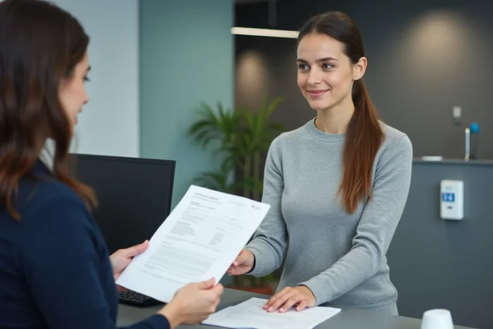 Jeune femme remettant ses documents officiels au guichet du PIA de Grenoble lors de son authentification