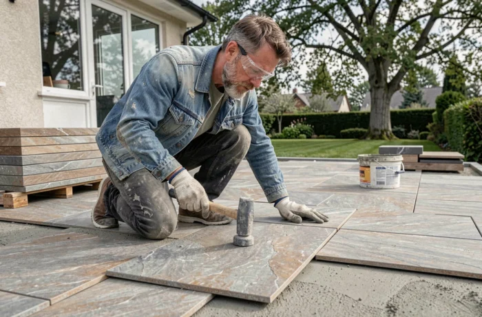 Artisan posant des dalles en pierre sur une terrasse extérieure lors de travaux de rénovation