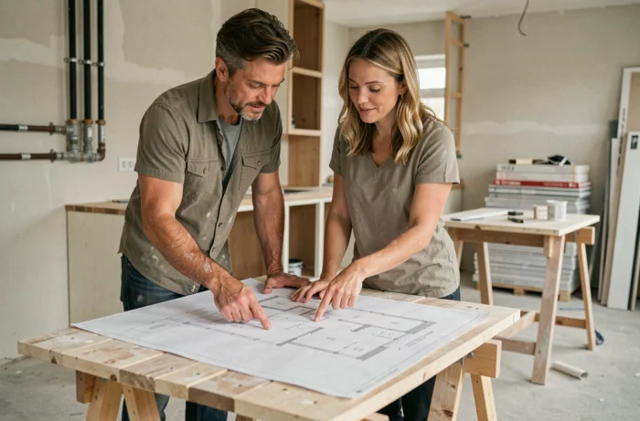 Couple examinant des plans de rénovation dans une cuisine en cours de travaux