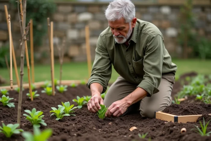 Homme transplantant des semis dans un potager bio au printemps avec des rangs de légumes bien organisés