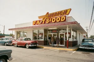 Façade d'un restaurant fast-food américain vintage des années 1950 avec signalétique rouge et jaune iconique et voitures d'époque sur le parking