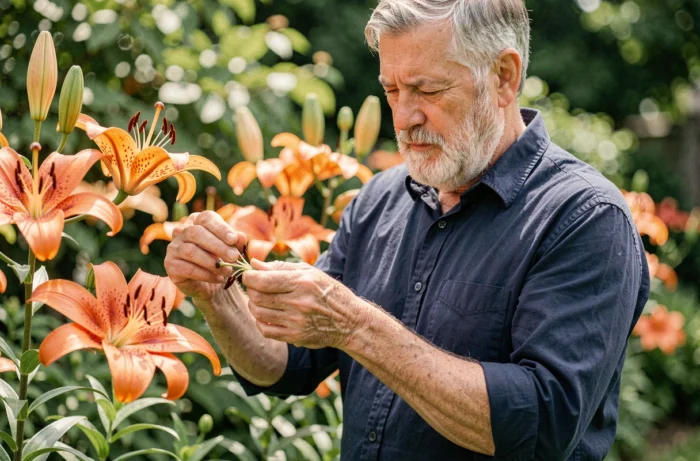 Homme retraité retirant les étamines d'un lys orange dans un jardin fleuri en été