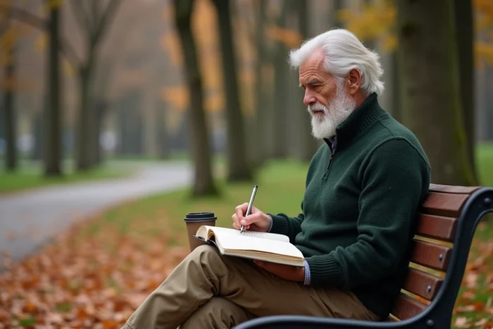 Homme retraité prenant des notes dans un carnet sur un banc de parc en automne