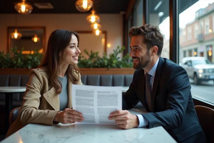 Deux professionnels discutent d'annonces en ligne imprimées autour d'une table de café chic en milieu urbain