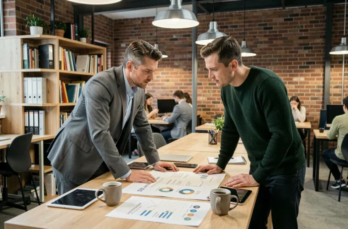 Deux professionnels en réunion debout examinant un rapport de services B2B pour optimiser leur stratégie d'entreprise dans un espace de co-working