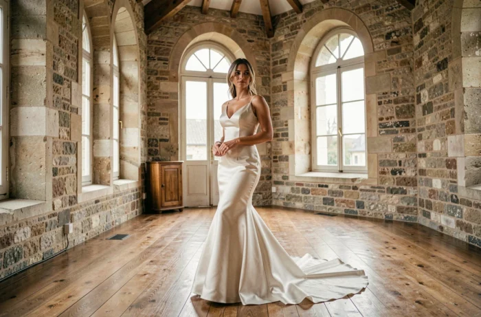 Mariée en robe de mariée sirène en satin dans un manoir de campagne française