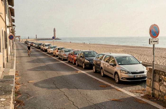 Rue côtière italienne près de Pise avec voitures garées gratuitement le long d'un mur de pierre face à la plage
