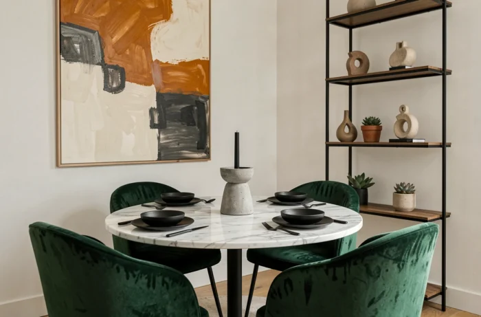 Salle à manger chic avec table en marbre, chaises en velours vert forêt et œuvre d'art abstraite pour une décoration intérieure élégante