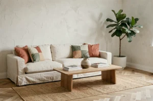 Salon élégant de style scandinave avec canapé en lin crème, table basse en chêne et plante fiddle-leaf pour une décoration intérieure tendance