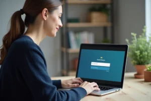 Femme utilisant un gestionnaire de mots de passe sur son ordinateur portable dans un bureau à domicile organisé