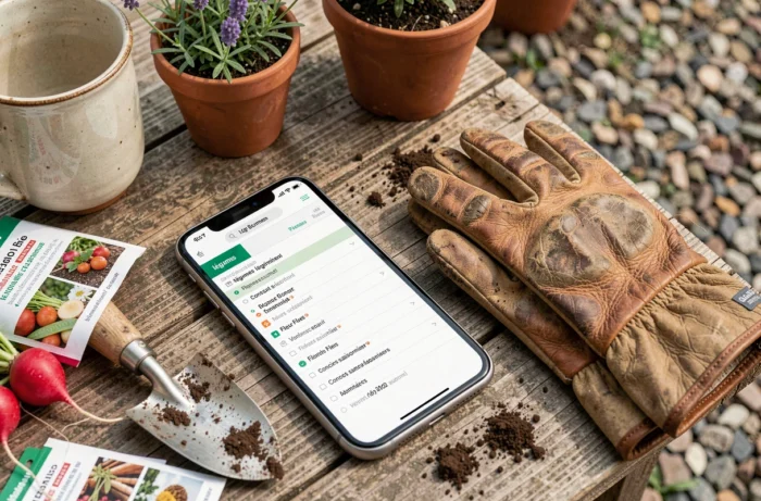 Smartphone affichant le plan d'un blog jardinage posé sur une table de jardin avec des outils et légumes récoltés