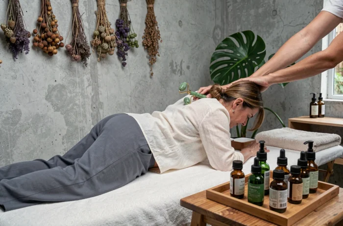 Femme en soin spa holistique avec rouleau de jade et huiles végétales dans un espace bien-être tendance