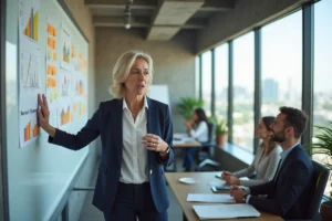 Femme professionnelle présentant une stratégie marketing sur un tableau blanc dans un bureau moderne