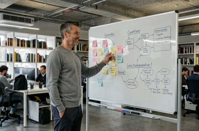 Professionnel en train d'élaborer une stratégie numérique sur un tableau blanc dans un espace coworking moderne
