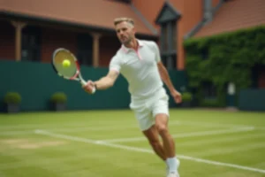 Joueur de tennis en tenue classique style années 80 pratiquant le serve-and-volley sur un court en gazon lors d'un tournoi en 2026