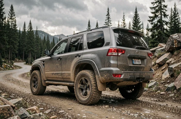 SUV tout-terrain robuste garé sur une route de montagne sinueuse entouré de forêts de pins et de terrain rocheux