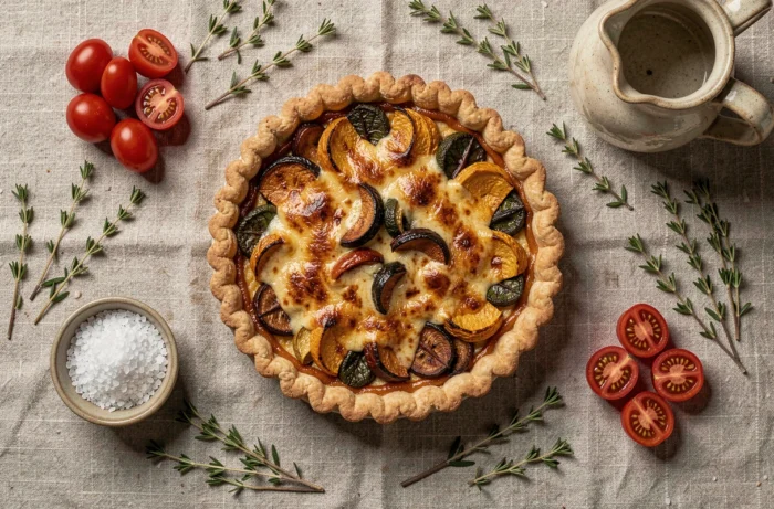 Vue aérienne d'une tarte rustique aux légumes rôtis et fromage sur une nappe en lin avec des herbes fraîches