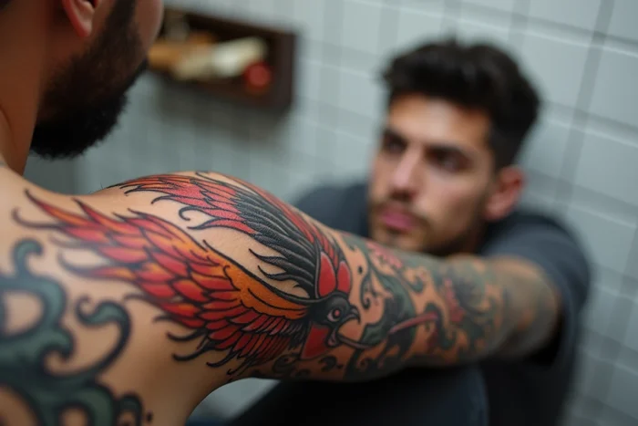 Gros plan d'un tatouage phénix japonais Irezumi sur l'avant-bras avec flammes et plumes détaillées