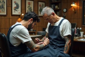 Tatoueur japonais travaillant sur un tatouage phénix élaboré dans un studio traditionnel de Tokyo