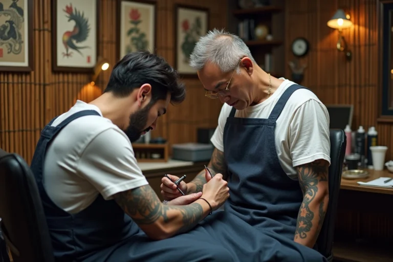 Tatoueur japonais travaillant sur un tatouage phénix élaboré dans un studio traditionnel de Tokyo