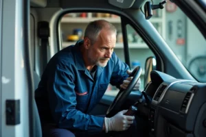 Technicien automobile branchant un lecteur OBD sous le tableau de bord d'un Peugeot Boxer blanc pour désactiver l'anti-démarrage