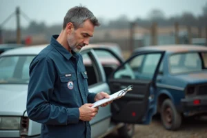 Technicien automobile inspectant une voiture usagée dans un centre de reprise à la casse avec clipboard