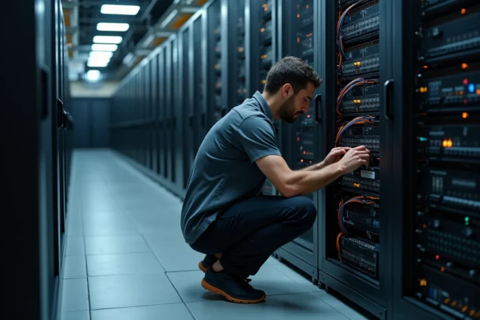 Technicien informatique inspectant les serveurs dans un centre de données professionnel, représentant l'infrastructure technologique et la maintenance réseau