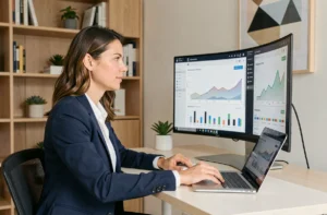 Femme entrepreneur analysant des tableaux de bord de business en ligne sur deux écrans dans un bureau moderne en 2024