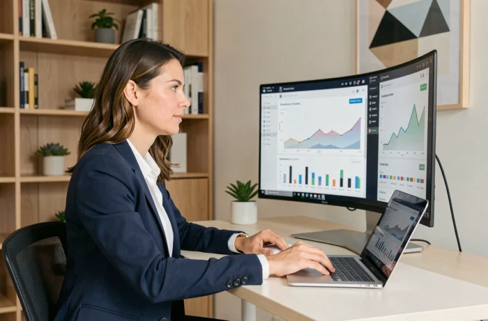 Femme entrepreneur analysant des tableaux de bord de business en ligne sur deux écrans dans un bureau moderne en 2024