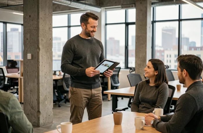 Équipe de professionnels discutant des tendances du commerce en ligne dans un espace de coworking moderne