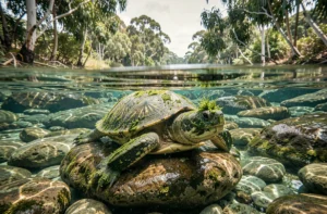 Tortue de la Mary River reposant sur un rocher immergé dans une rivière australienne, montrant sa carapace couverte d'algues vertes et sa méthode unique de respiration cloacale