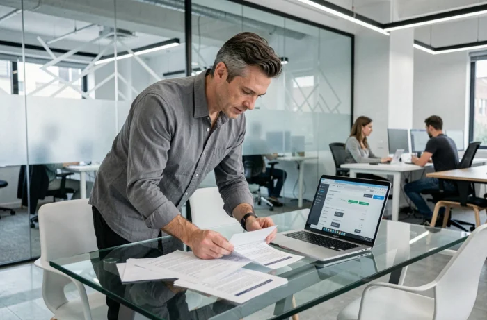 Traducteur masculin examinant des documents de traduction et les tarifs d'un service professionnel dans un espace de coworking