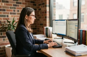 Traductrice professionnelle travaillant sur un logiciel de traduction Veridictus dans un bureau moderne avec double écran