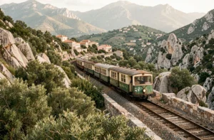 Train touristique corse traversant un paysage montagneux avec villages typiques et maquis en arrière-plan