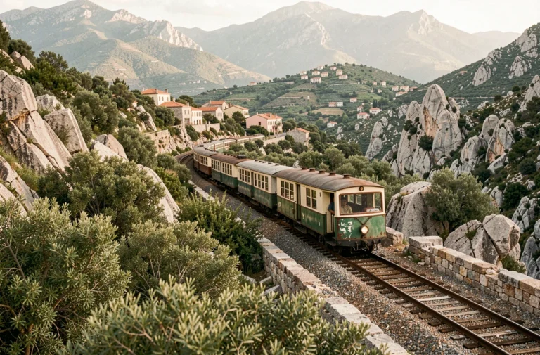 Train touristique corse traversant un paysage montagneux avec villages typiques et maquis en arrière-plan