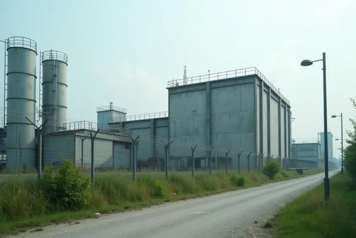 Vue extérieure d'une usine industrielle de recyclage enzymatique du plastique dans une zone industrielle française