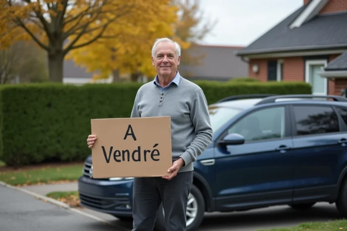 Propriétaire vendant sa voiture d'occasion devant sa maison avec une pancarte à vendre
